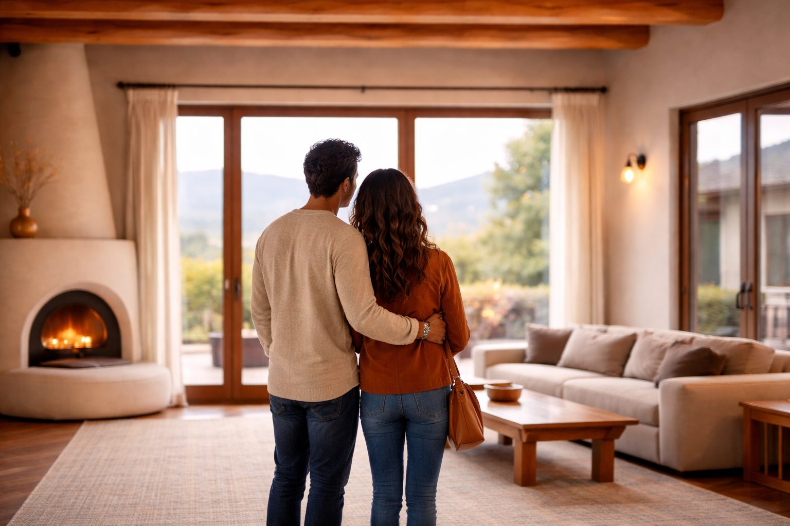 home buying in Santa Fe with mountain view from living room