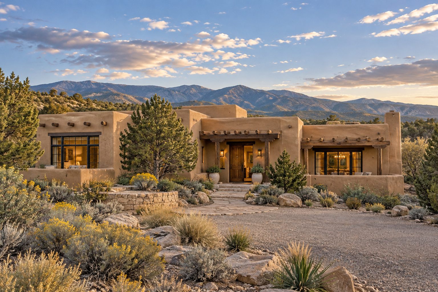 Luxury Pueblo Revival home with native landscaping in the Santa Fe foothills