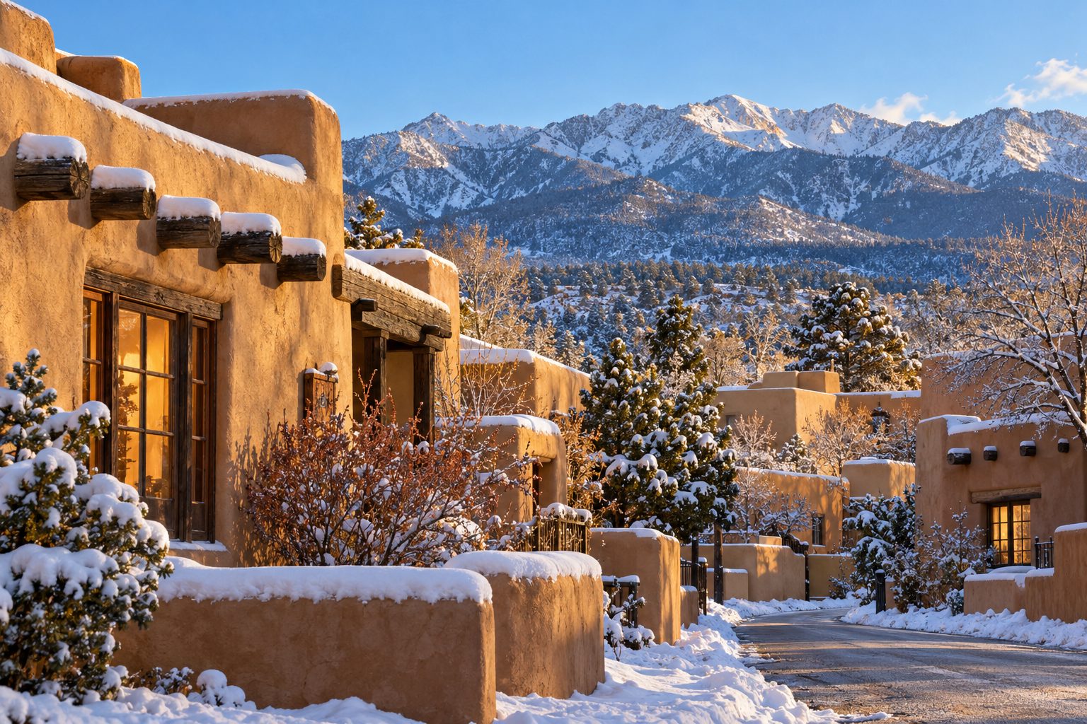 Snow covered adobe homes in Santa Fe, NM, with ski mountains in background